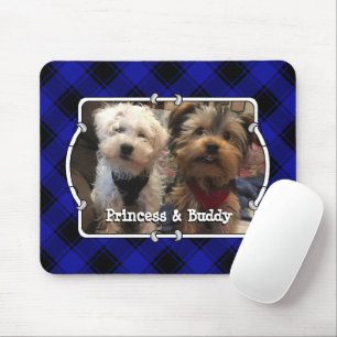 Cute Custom Photo Frame Dog Pet Blue & Black Plaid Mouse Pad