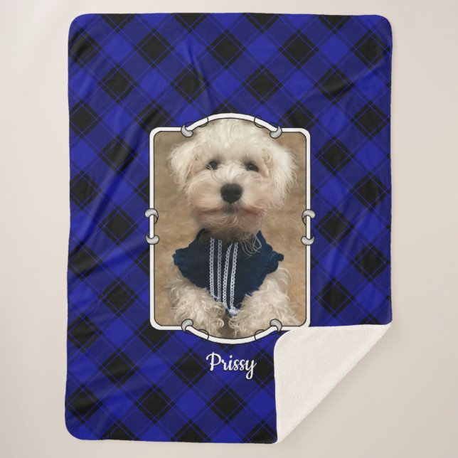 Cute Custom Photo Frame Pets Blue & Black Plaid Sherpa Blanket (Front)