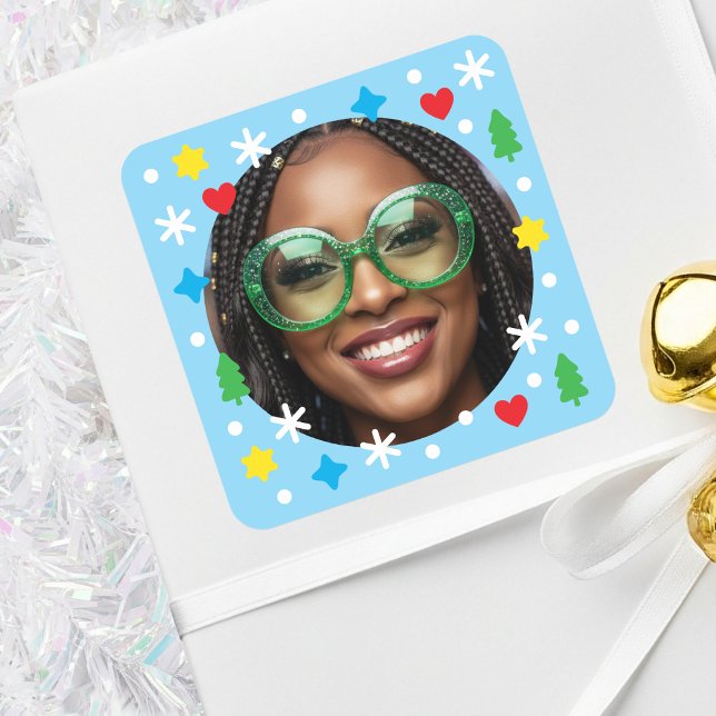 Cute Custom Photo Holiday Retro Blue Christmas Square Sticker (Creator Uploaded)