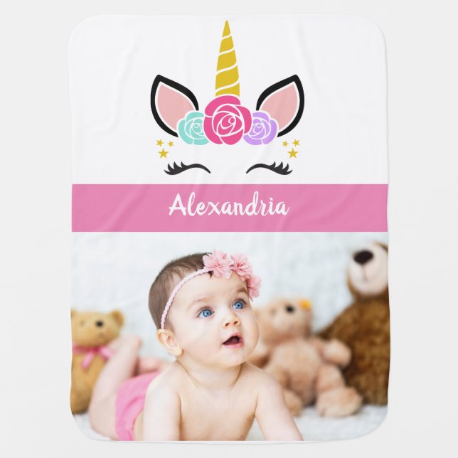Cute Custom Photo & Name/Floral Unicorn Baby Blanket (Front)