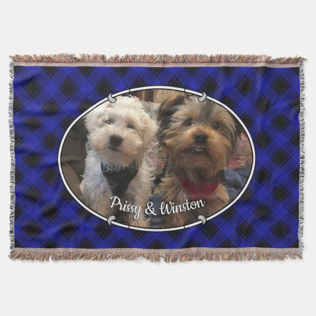 Cute Custom Photo Names Frame Blue & Black Plaid Throw Blanket (Front)