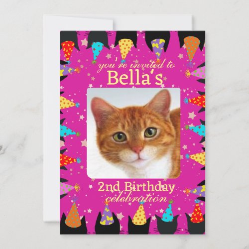 Cute Custom Photo Pink Cat Birthday Party  Invitation