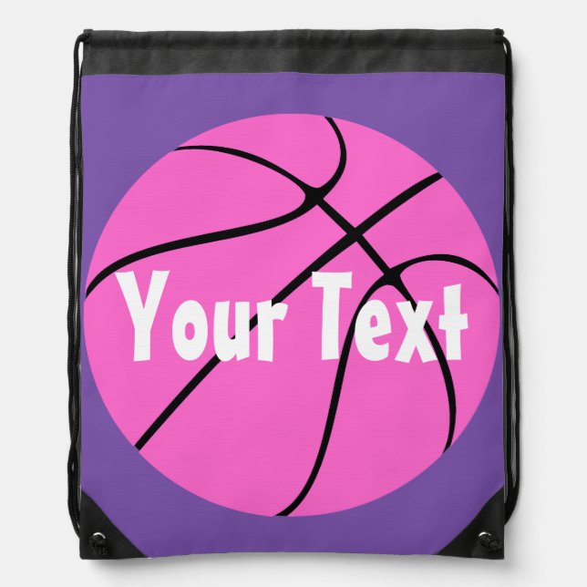 Cute Custom Pink Basketball Drawstring Backpack (Front)