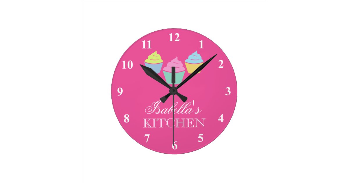 Cute Custom Pink Cupcake Kitchen Wall Clock Zazzle Com