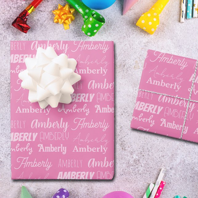 Cute Custom Pink Name Typography Girls Birthday Wrapping Paper Sheets (Creator Uploaded)