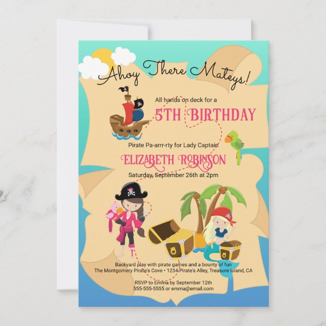 Cute Custom Pink Pirate Girl Birthday Party Invitation (Front)