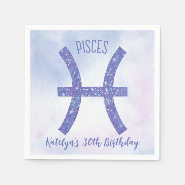 Cute Custom Pisces Sign Purple Birthday Party Napkins (Front)