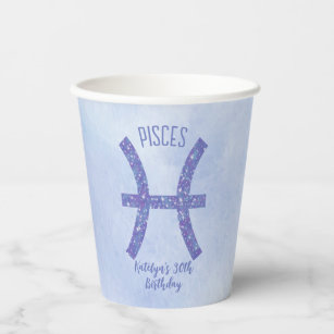 Cute Custom Pisces Sign Purple Birthday Party Paper Cups