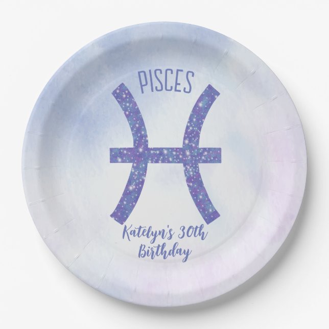 Cute Custom Pisces Sign Purple Birthday Party Paper Plates (Front)