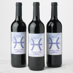 Cute Custom Pisces Sign Purple Birthday Party Wine Label