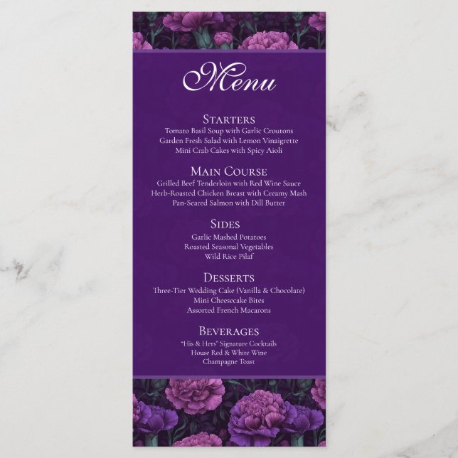 Cute Custom Purple Carnation Charm Fall Wedding Menu (Front)