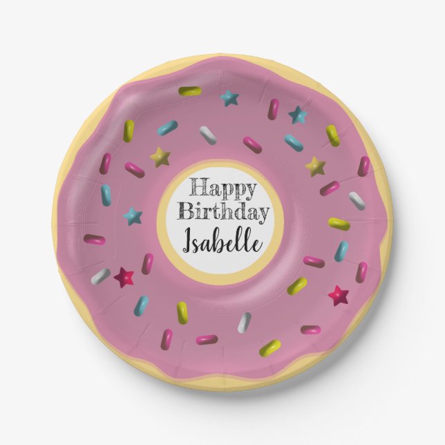Cute Custom Purple Donut Decor | Happy Birthday Paper Plates (Front)