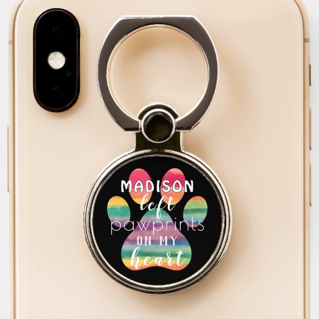 Cute Custom Rainbow Bridge Paw Prints On My Heart Phone Ring Stand (Close Up)