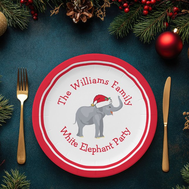 Cute Custom Red Christmas White Elephant Party Paper Plates (Creator Uploaded)