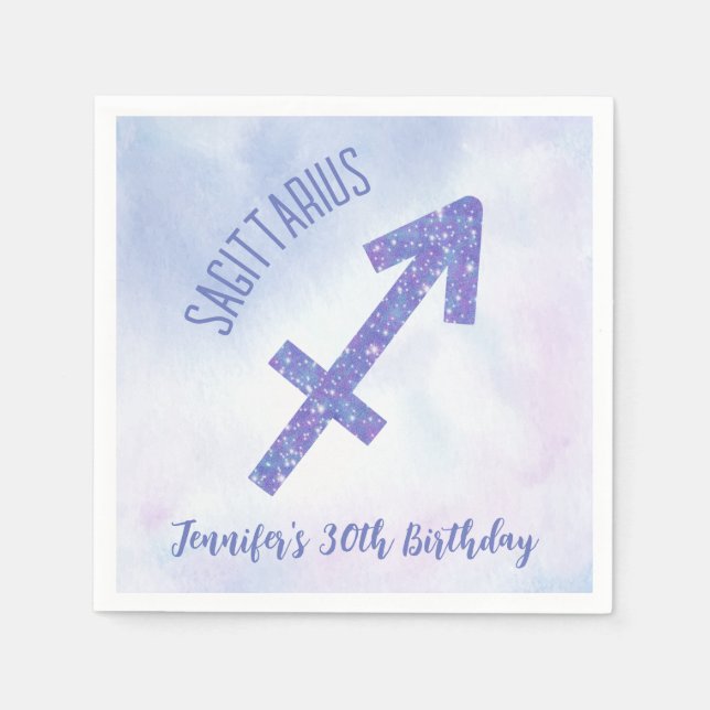 Cute Custom Sagittarius Purple Birthday Party Napkins (Front)