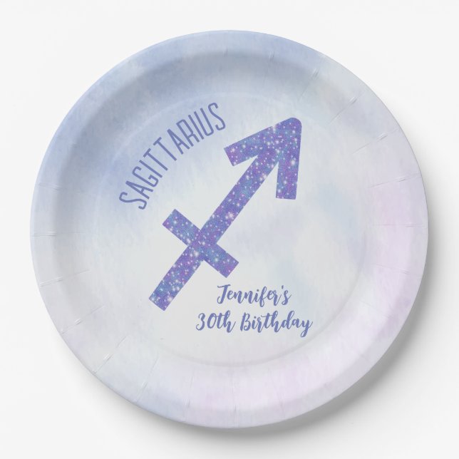 Cute Custom Sagittarius Purple Birthday Party Paper Plates (Front)