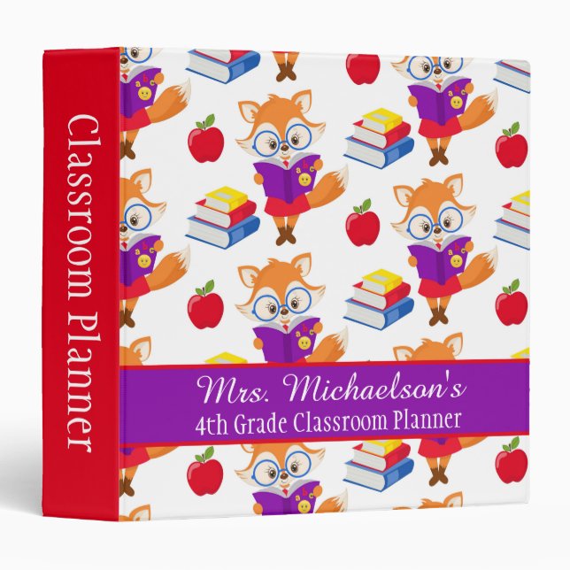 Cute Custom School Teacher Fox 3 Ring Binder (Front/Spine)