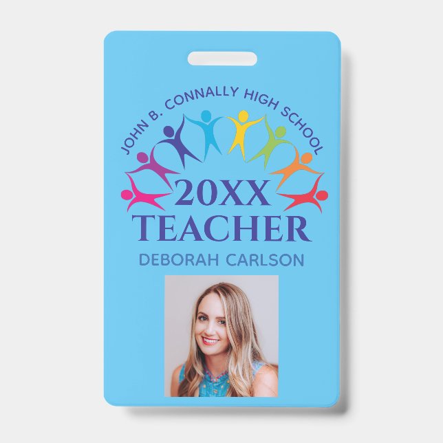 Cute Custom School Teacher Rainbow Name Blue Badge (Front)