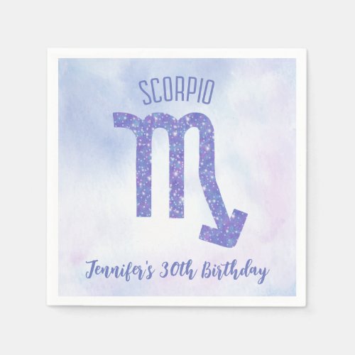 Cute Custom Scorpio Sign Purple Birthday Party Napkins