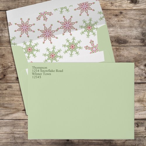 Cute Custom Snowflake Holiday Green 5x7 Envelope