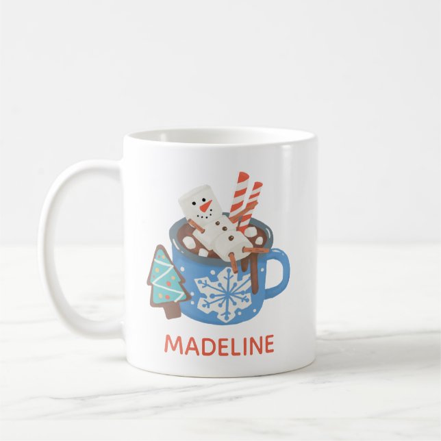 Cute Custom Snowman Personalized Name Cocoa Coffee Mug (Left)