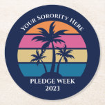 Cute Custom Sorority Pledge Week Beach Party Blue Round Paper Coaster<br><div class="desc">This cute tropical palm tree sunset paper coaster is the perfect addition to a pledge week or spring break party with your college friends or a fun cruise ship getaway vacation with the family. Personalize a set of customized cups for your group celebration at the beach or an island family...</div>