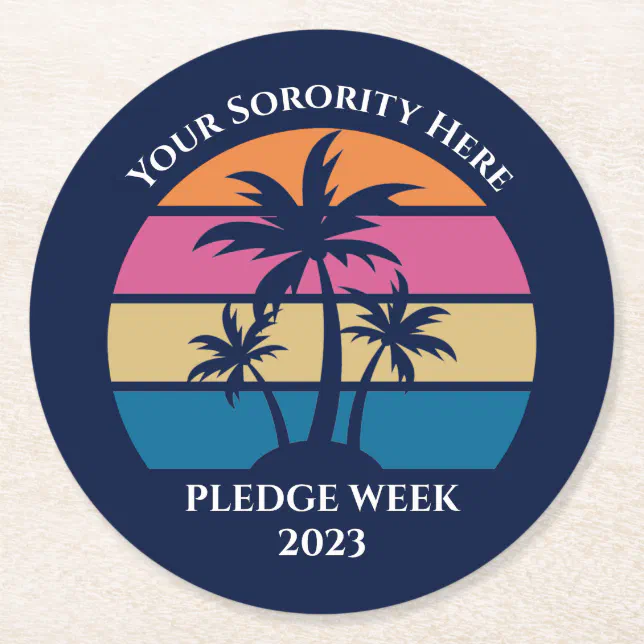 Cute Custom Sorority Pledge Week Beach Party Blue Round Paper Coaster ...