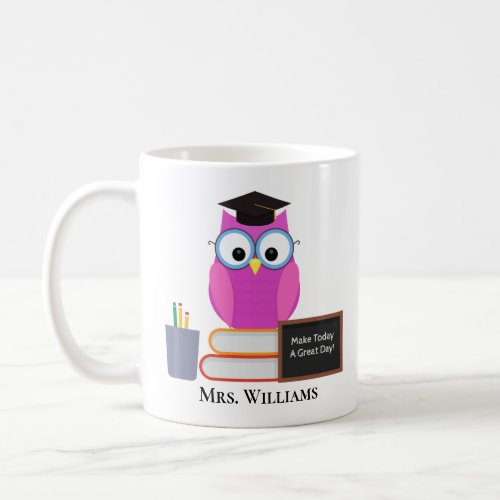 Cute Custom Teacher Pink Owl School Monogram Coffee Mug