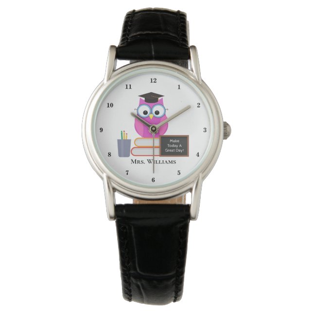 Cute Custom Teacher Pink Owl Teacher School Watch (Front)