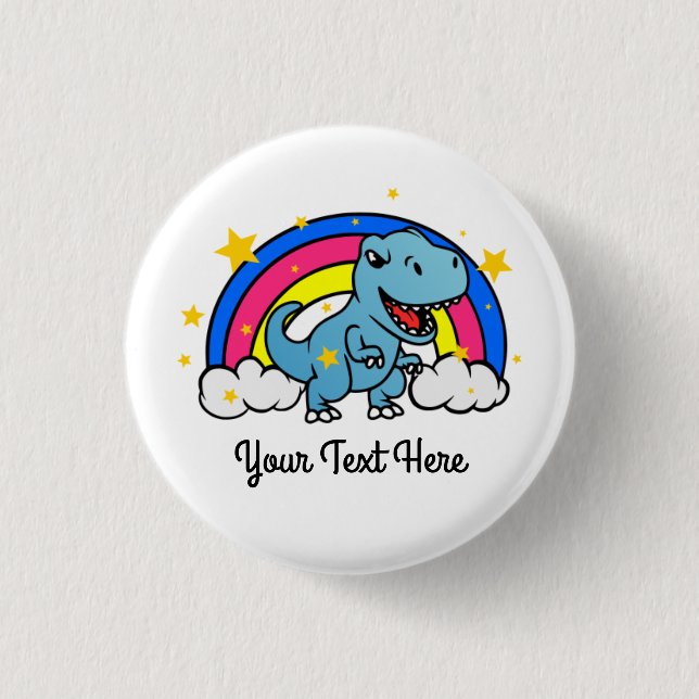 Cute Custom Text Blue Dinosaur Rainbow Button (Front)