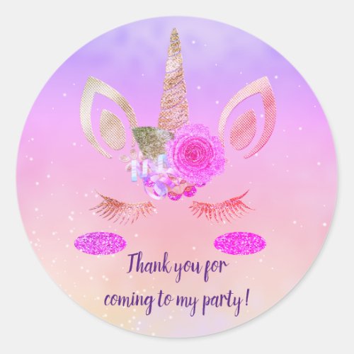 Cute Custom Text Glitter Unicorn Pink Ombre Party Classic Round Sticker