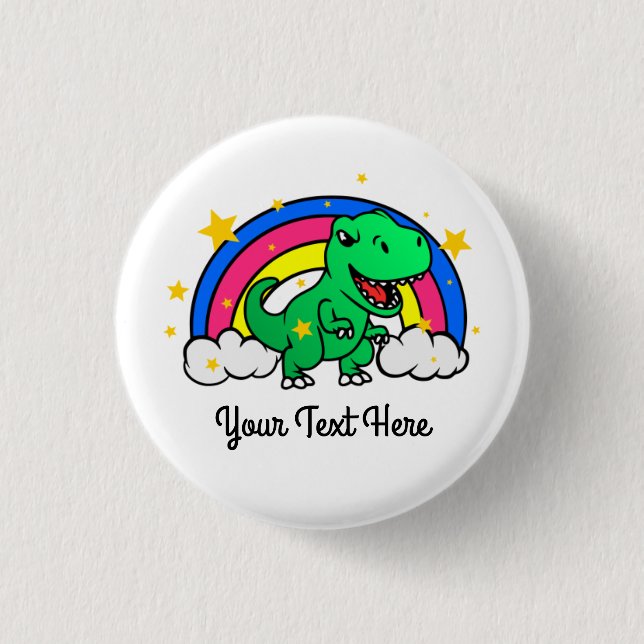 Cute Custom Text Green Dinosaur Rainbow Button (Front)