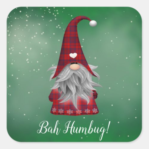 Cute Custom Text Grumpy Red Gnome Green Bah Humbug Square Sticker