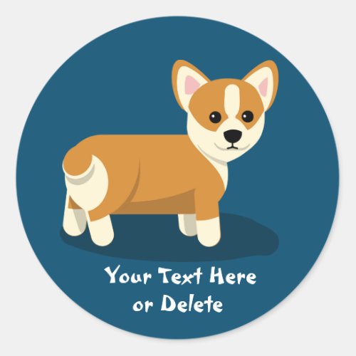 Cute Custom Text Happy Tan Corgi Puppy Dog Blue Classic Round Sticker
