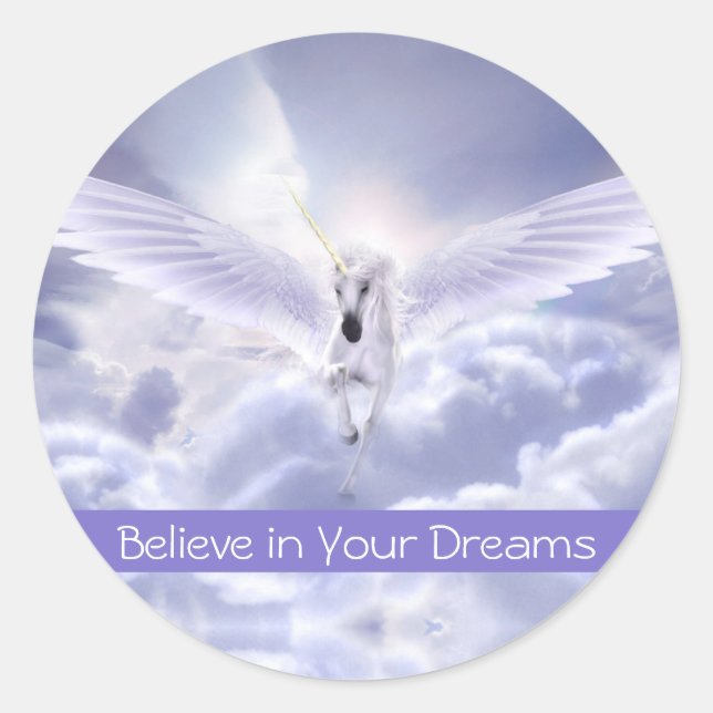 Cute Custom Text Magic Flying Unicorn Purple Cloud Classic Round Sticker (Front)