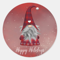 Cute Custom Text Red Plaid Gnome Red Holiday Classic Round Sticker