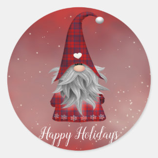 Cute Custom Text Red Plaid Gnome Red Holiday Classic Round Sticker