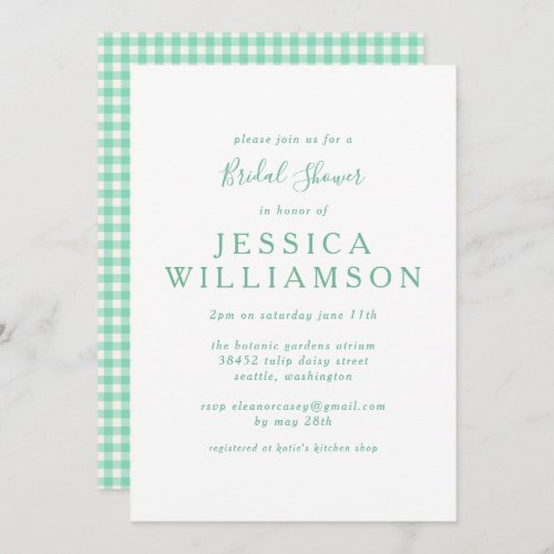 Cute Custom Vintage Gingham Green Bridal Shower Invitation