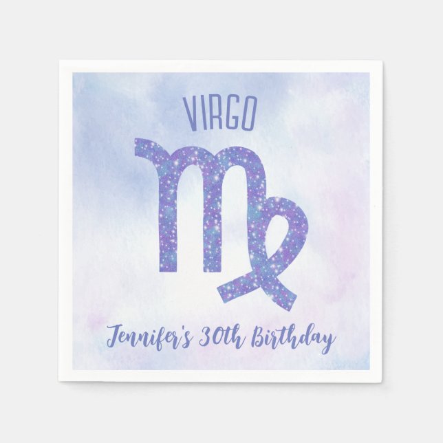 Cute Custom Virgo Purple Astrology Birthday Party Napkins (Front)