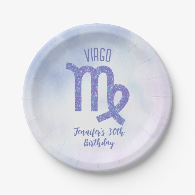 Cute Custom Virgo Purple Astrology Birthday Party Paper Plates (Front)