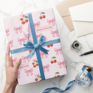 Cute Custom Watercolor Cherry Bow Coquette Pattern Wrapping Paper