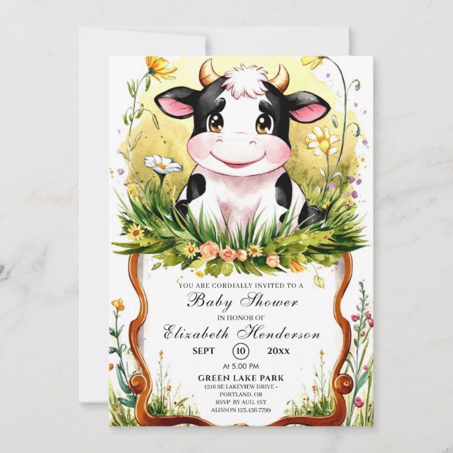 Cute Custom Watercolor Cow Baby Shower Invitation (Front)