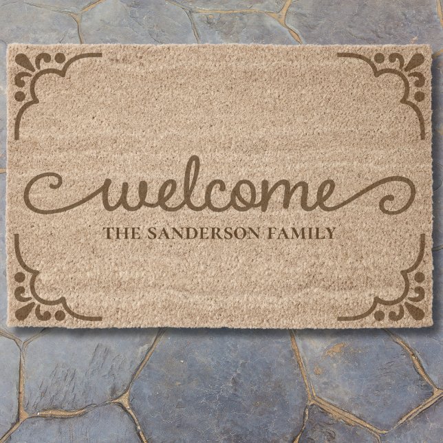 Cute Custom Welcome Coir Fiber Doormat (elegant custom welcome doormat with cute calligraphy script and family name, housewarming gifts)