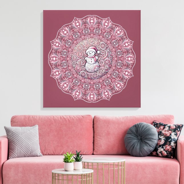 Cute Custom Whimsical Pink Snowman Dot Mandala Canvas Print (Insitu(LivingRoom))