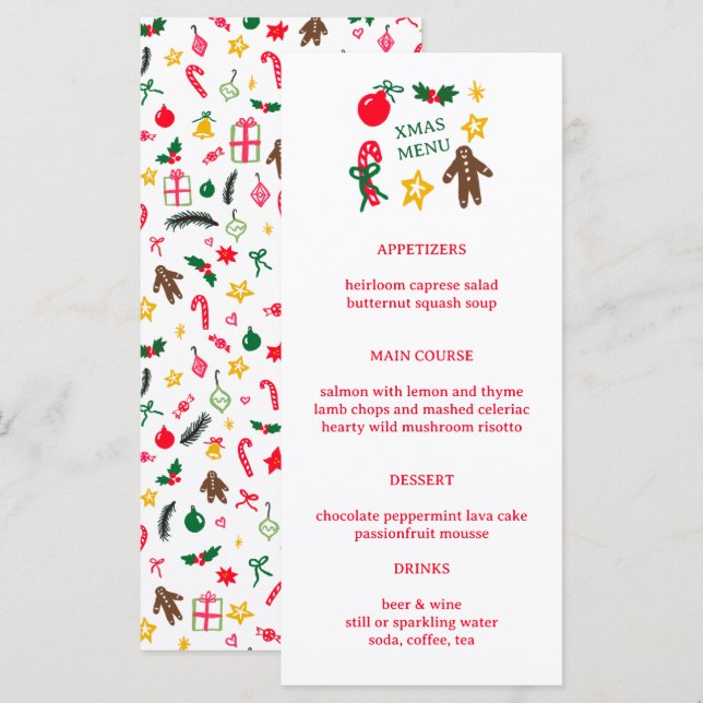 Cute CUSTOM XMAS Christmas Holiday Dinner Party Menu (Front/Back)