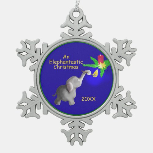 Cute Custom Year Elephant Lights a Candle Snowflake Pewter Christmas Ornament