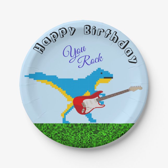 Cute Custom You Rock Dinosaur Birthday Boy Pixel Paper Plates (Front)