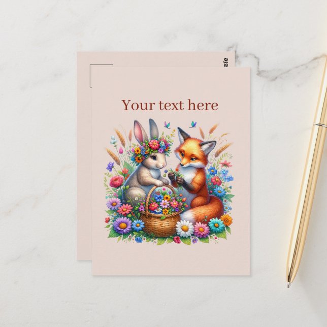 Cute customizable animal lovers fox bunny  postcard (Front/Back In Situ)