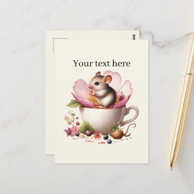 Cute customizable animal lovers teacup mouse postcard (Front/Back In Situ)