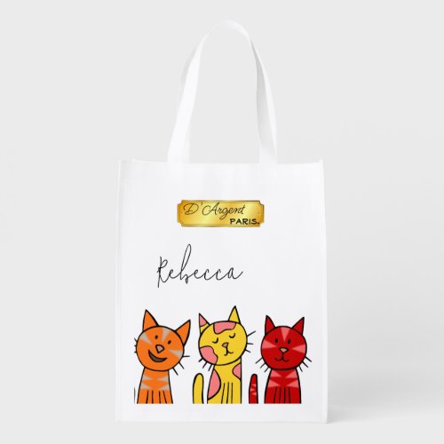 Cute Customizable Cat Motif with Name or Monogram Grocery Bag
